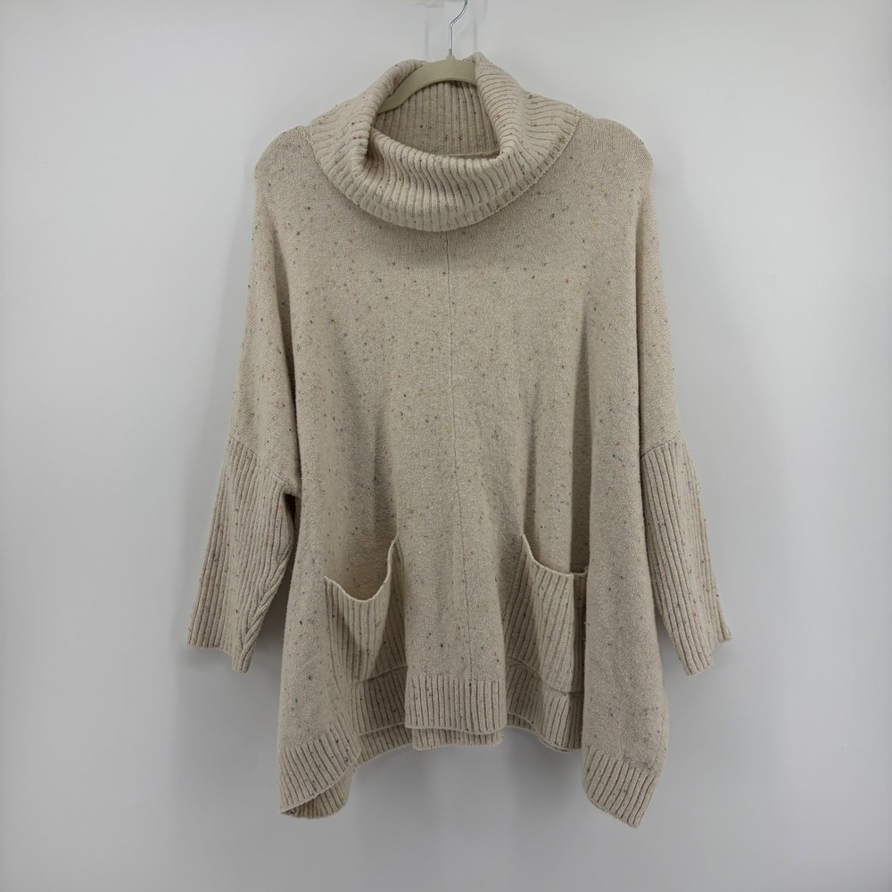 LOFT Womens L Cream Confetti Cowl Neck Poncho Sweater Pockets Oversized Speckled